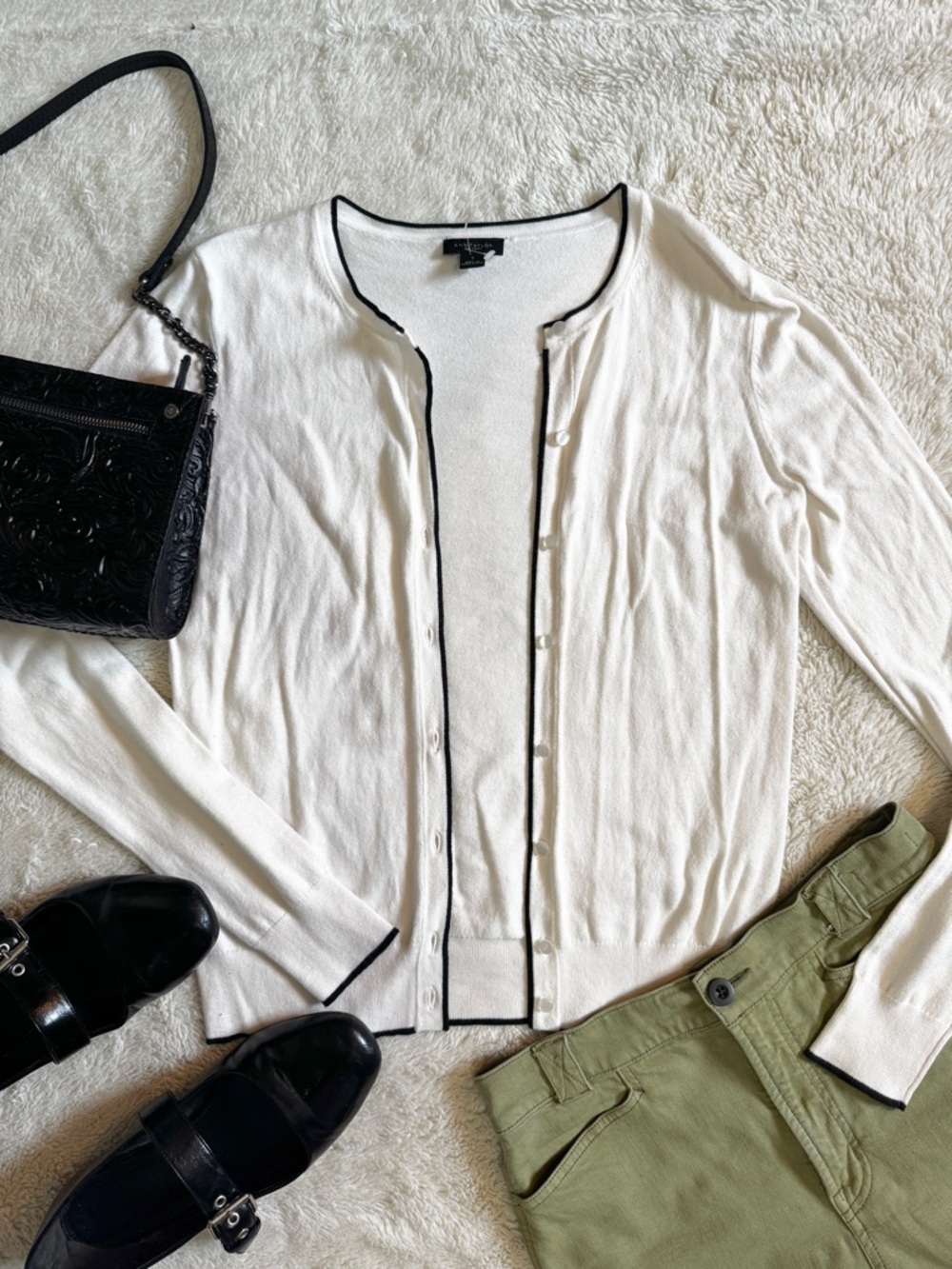 Cream Cardigan with Black Contrast Trim